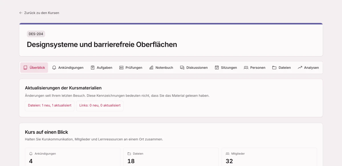 Ein Kursarbeitsbereich mit Reitern für Ankündigungen, Aufgaben, Prüfungen, Notenbuch, Diskussionen, Termine, Personen, Dateien und Auswertungen, darunter der Kurs auf einen Blick.