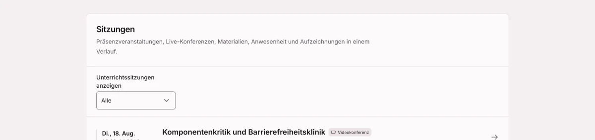 Geplante Kurstermine, eine Videokonferenz und ein Treffen im Unterrichtsraum in einer Zeitleiste.