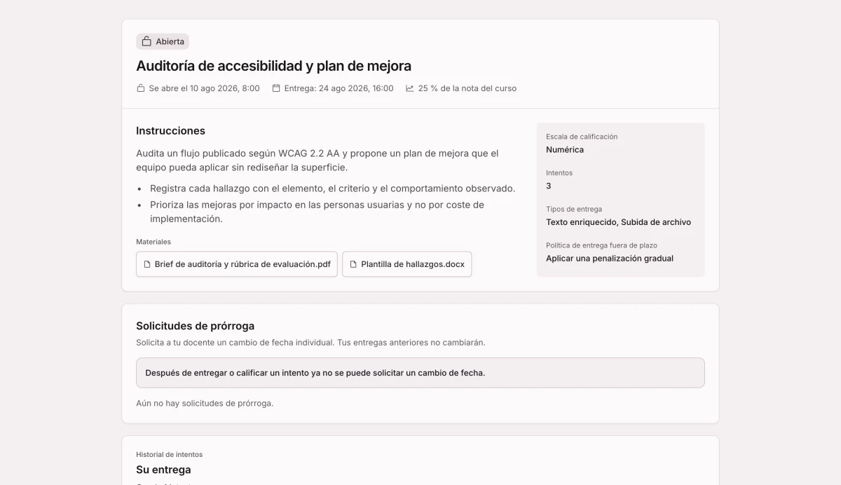 Una tarea con su enunciado, el intento entregado y los comentarios devueltos en un solo registro.