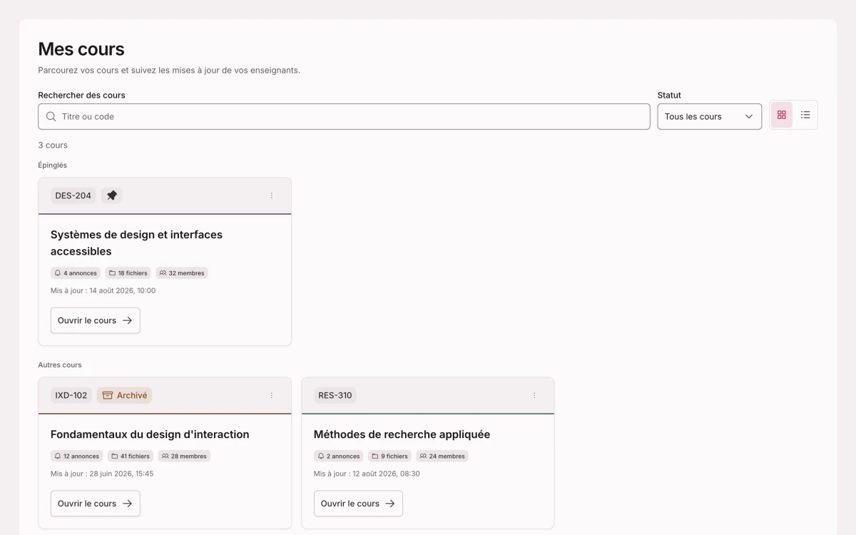 La liste des cours d’un étudiant : un cours épinglé et deux autres, avec le nombre d’annonces, de fichiers et de membres.