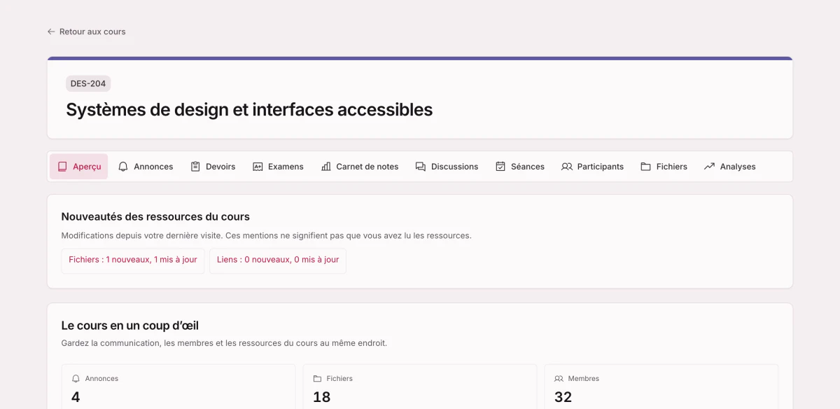 Un espace de cours avec des onglets pour les annonces, les devoirs, les examens, le carnet de notes, les discussions, les séances, les participants, les fichiers et les analyses, et le cours en un coup d’œil en dessous.