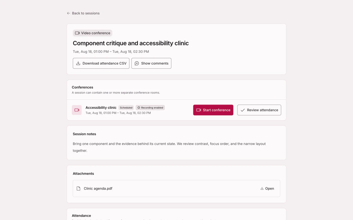 A session with its conference room, notes and attachments, and attendance recorded alongside the online kind.