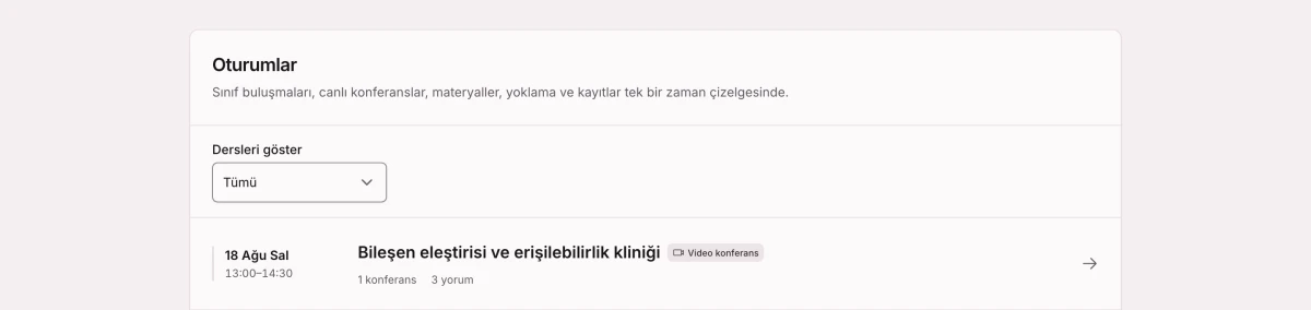 Planlanmış ders oturumları: bir video konferans ve bir sınıf toplantısı tek zaman çizelgesinde.